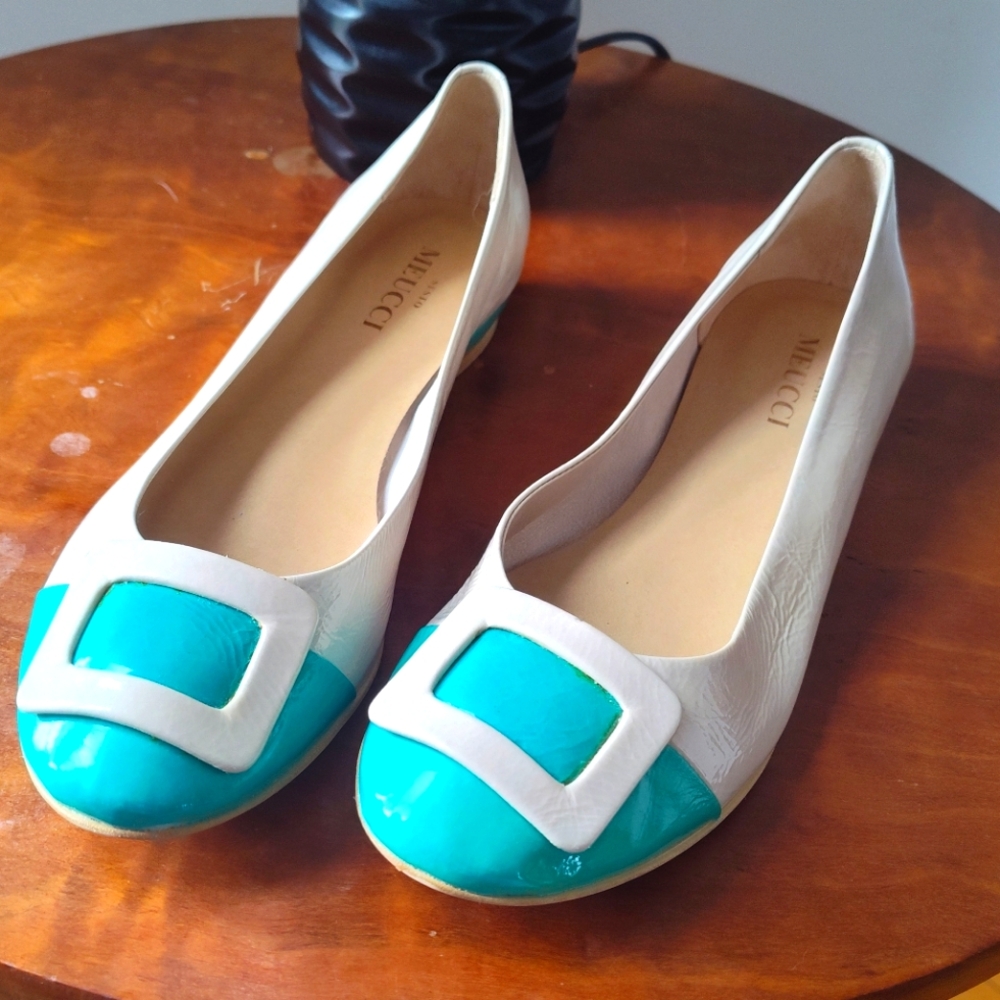 Sesto Meucci Stina aqua and cream patent leather flats with decorative buckle